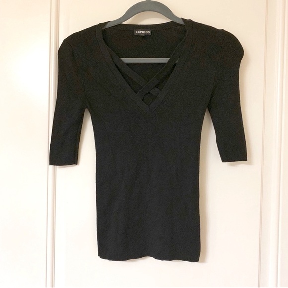 Black Quarter Sleeve Cross Front Fitted Sweater - Picture 2 of 3